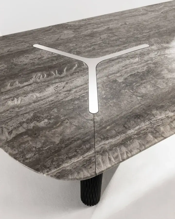 Premium Laurameroni Infinity Air Table marble top veined grey charcoal beige burnished brass rosette inserts base Lacca 61