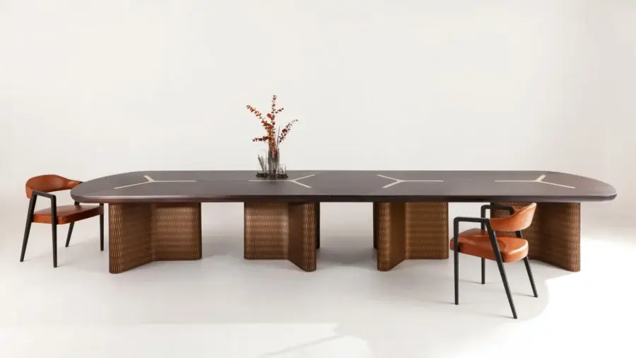 Exquisite Laurameroni Infinity Air Table in deep dark brown wood with brass inserts and ribbed honeycomb gold-toned pedestals