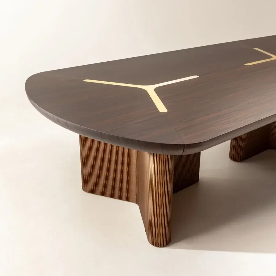 Luxury Laurameroni Infinity Air Table with top of dark espresso grain and satin finish, brass rosettes, plus base in Lacca 61