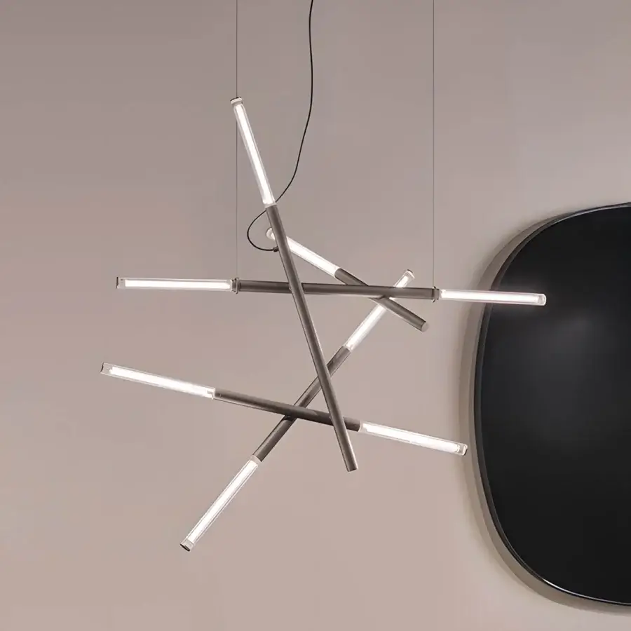 Premium Sovet Italia Willow Cross Suspension Lamp with neutral metal arms and Italian glass diffusers, gray finish