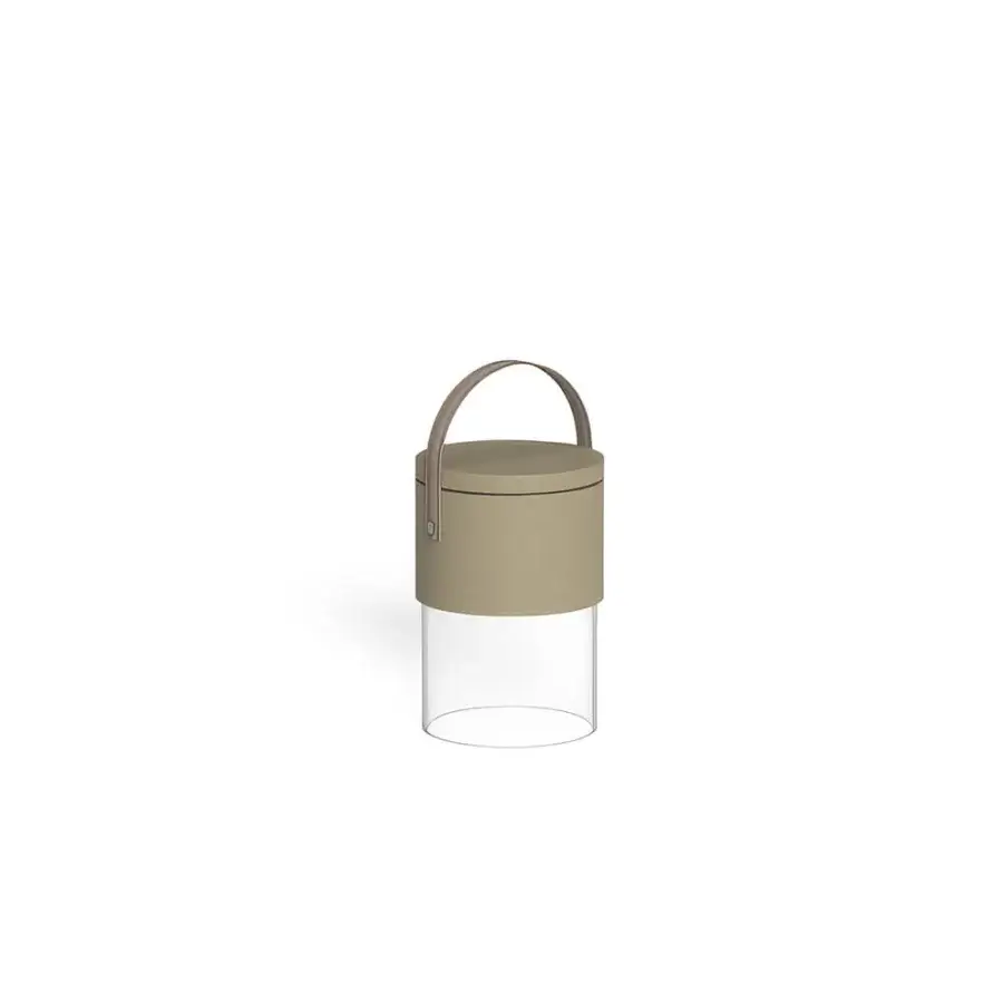 Elegant Talenti Kukà table lamp with cylindrical form, methacrylate base, resin collar, beige upper, lower, cordless handle
