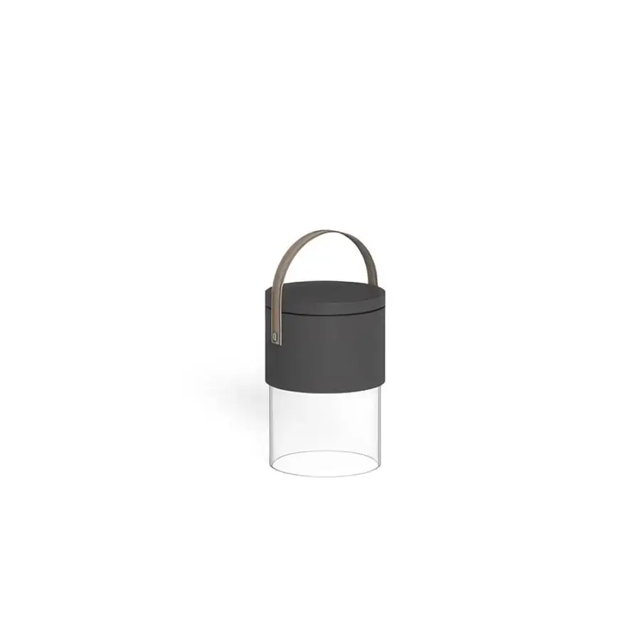 Luxury Talenti Kukà lamp with matte charcoal-grey cylinder, clear methacrylate base, tan strap handle, resin collar