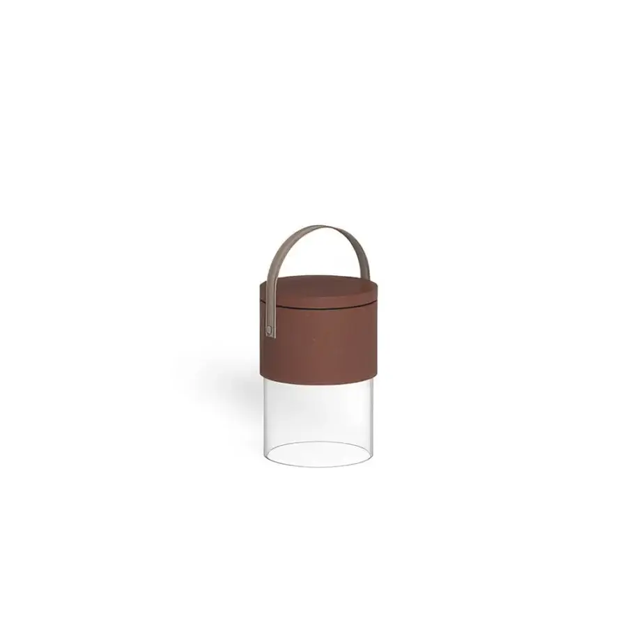 Prestige Talenti Kukà lamp with clear methacrylate base, circular resin collar, matte reddish‑brown finish