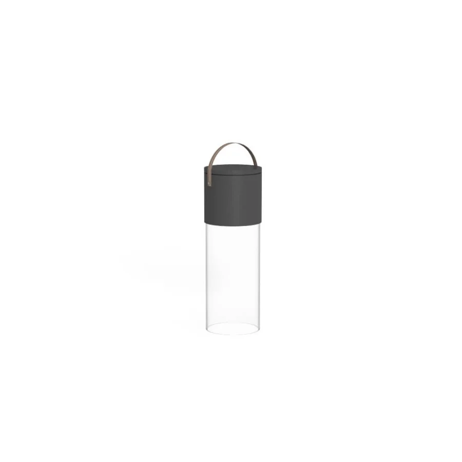 Premium Talenti Kukà floor lamp with dark grey resin element, clear methacrylate column, and brown carrying strap