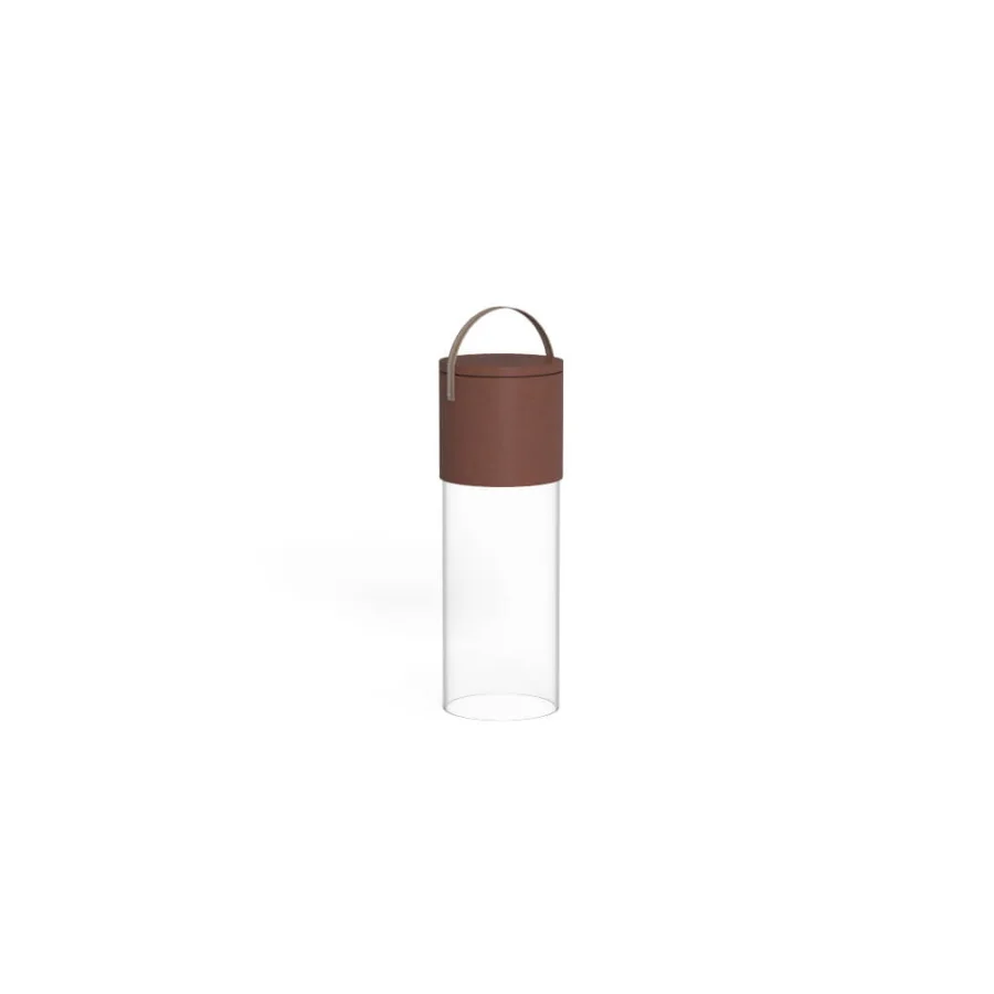 Luxury Talenti Kukà floor lamp with brown cylinder, clear methacrylate column, tan leather‑like handle, resin element, strap