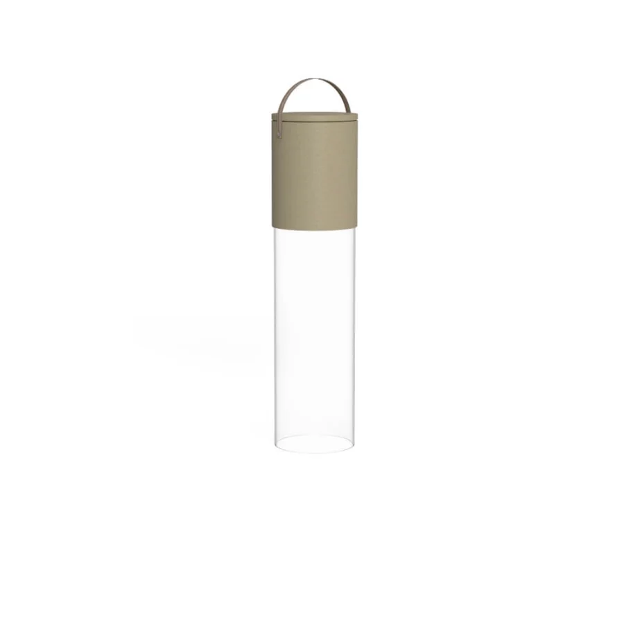 Elegant Talenti Kukà floor lamp with clear methacrylate column, resin, beige-taupe synthetic shade matte finish, glass tube