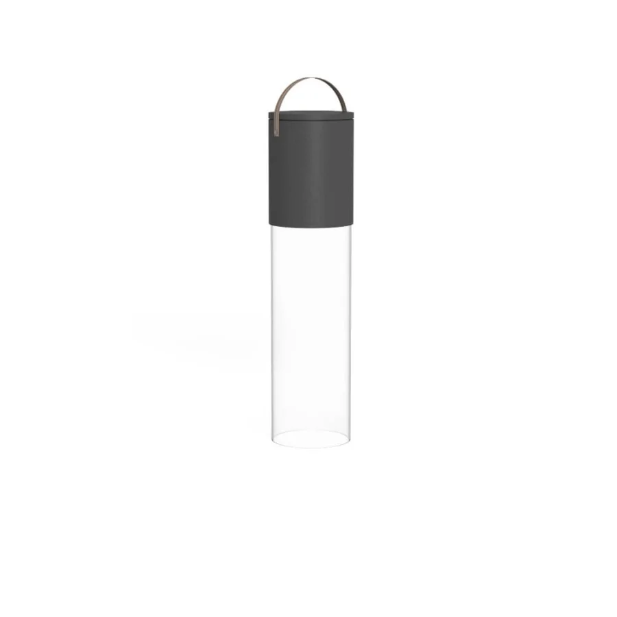 Distinguished Talenti Kukà floor lamp with clear methacrylate column, dark grey cylinder, resin element, brown strap loops
