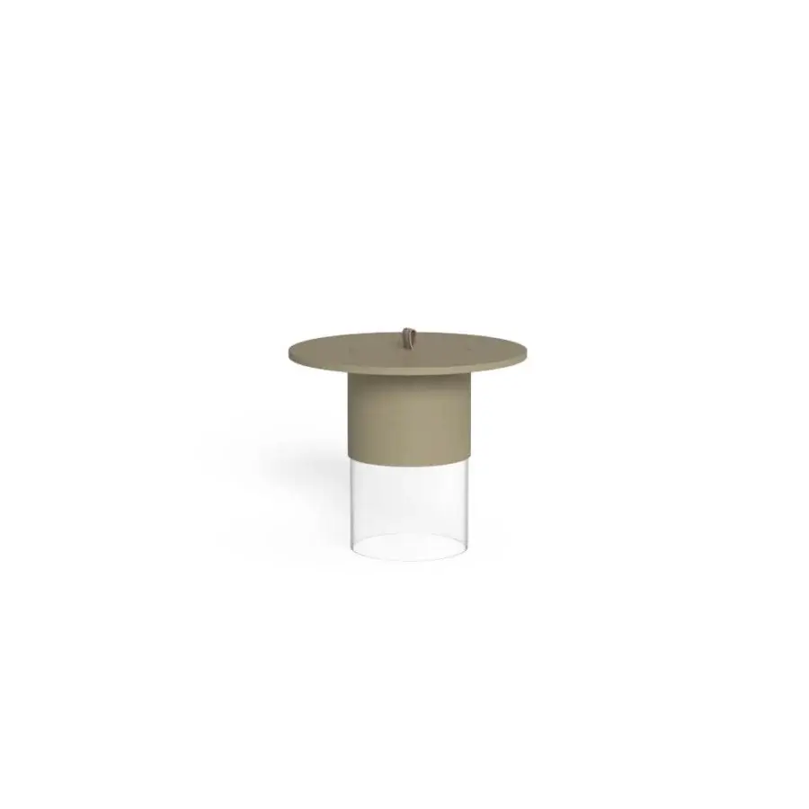 Premium Talenti Kukà coffee table with silhouette, wide circular top, taupe matte synthetic tabletop, methacrylate lower base