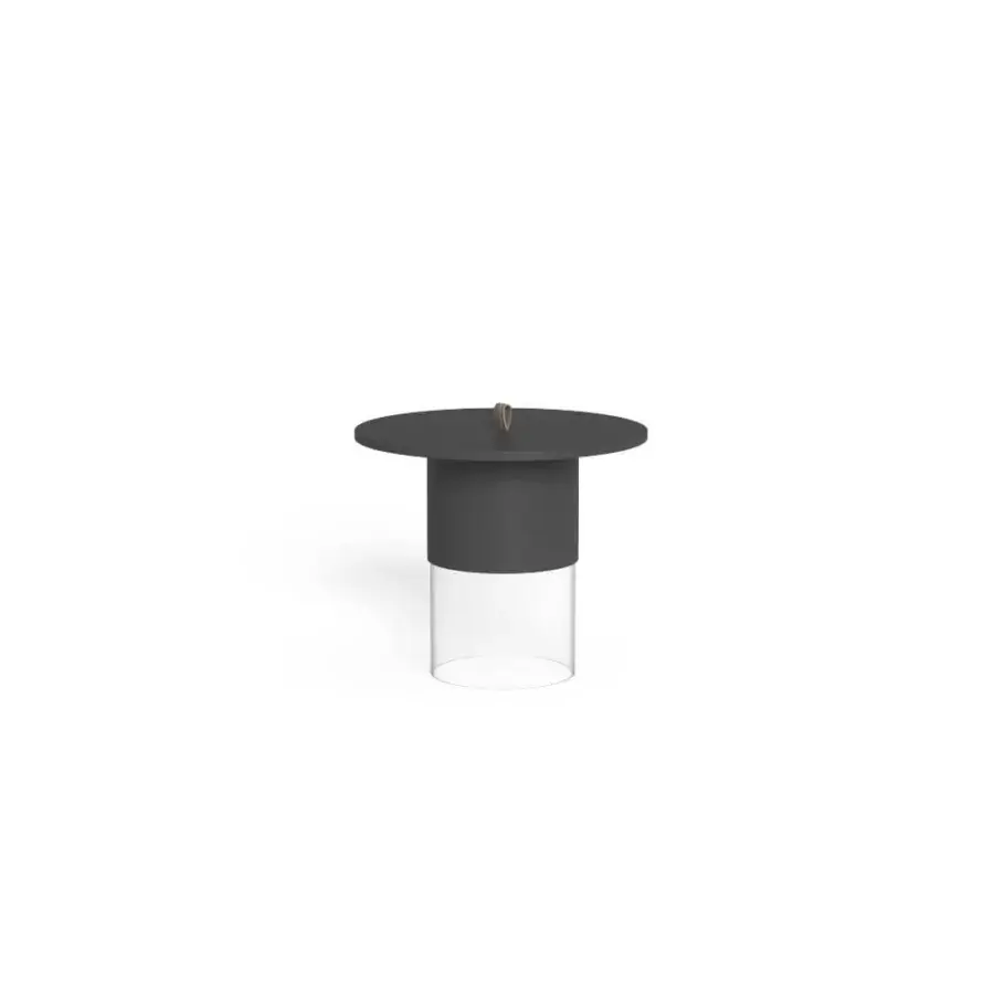 Elegant Talenti Kukà coffee table with charcoal‑grey matte upper section and clear methacrylate base, resin collar and handle.