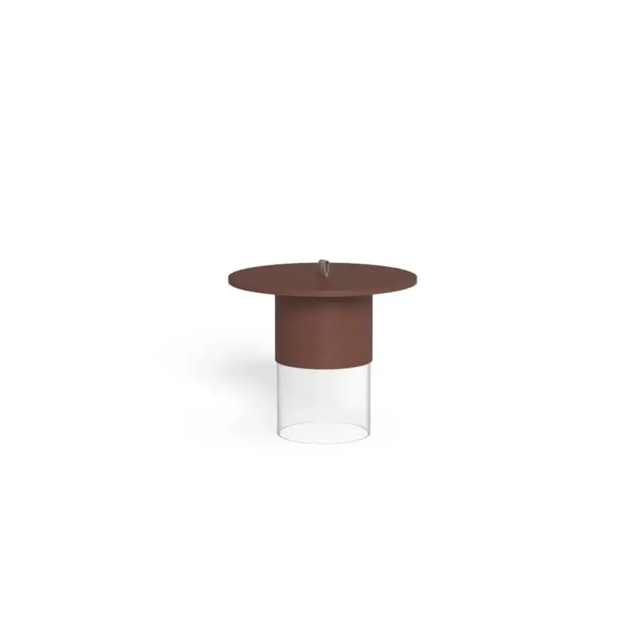 Sophisticated Talenti Kukà coffee table with circular top, matte reddish brown base and clear methacrylate lower section