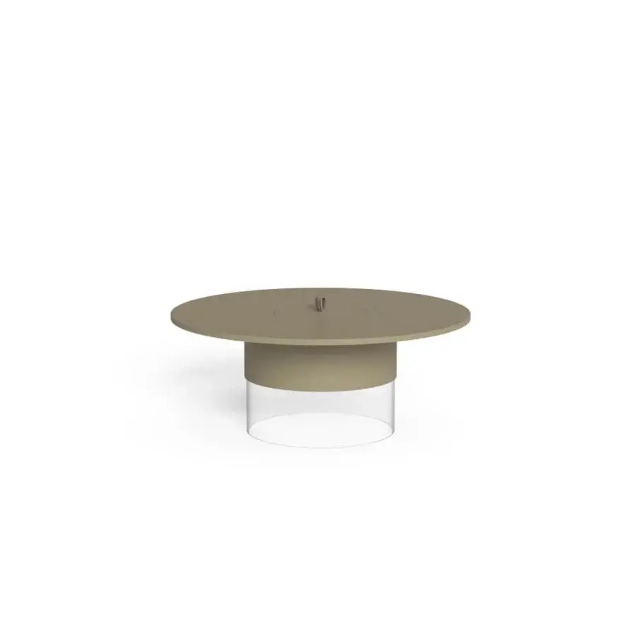 Luxury Talenti Kukà coffee table with muted taupe‑grey matte top, clear methacrylate base, and elegant overhang