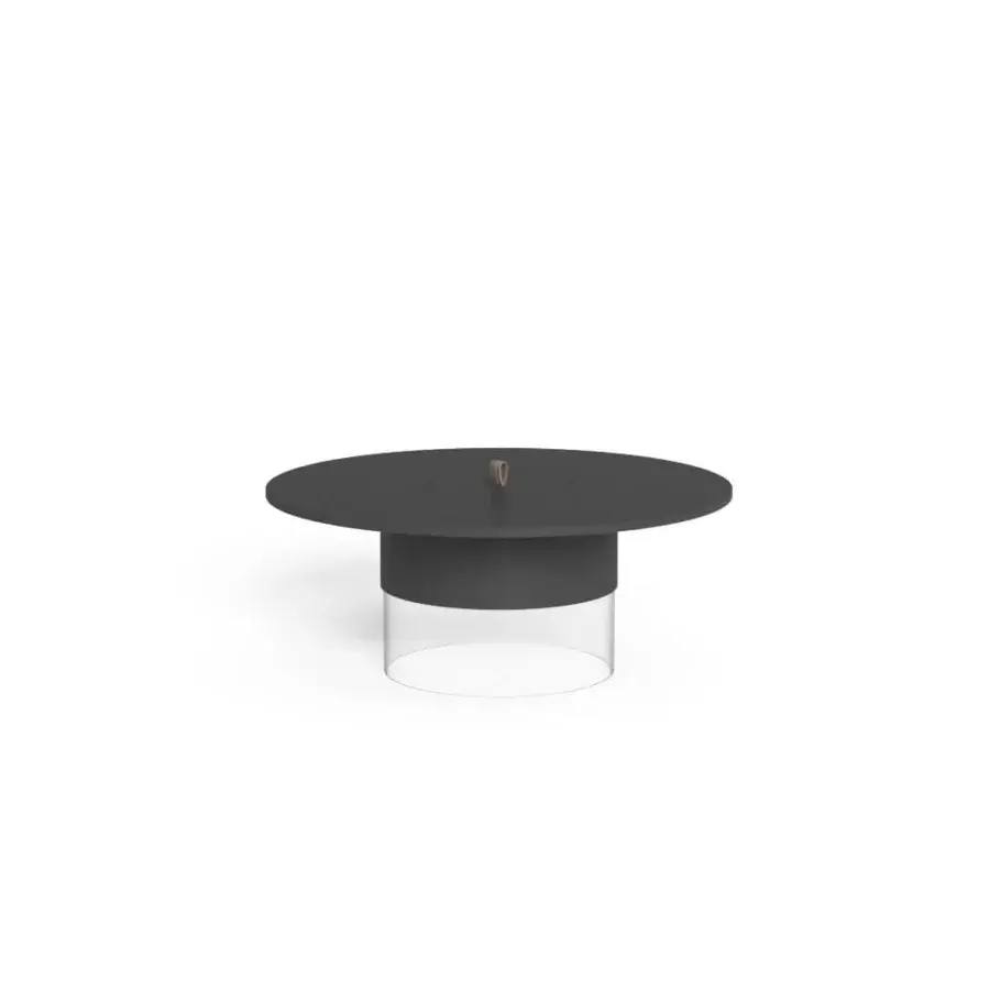 Sleek Talenti Kukà coffee table with matte charcoal top, dark resin collar and clear methacrylate base crafted in Italy
