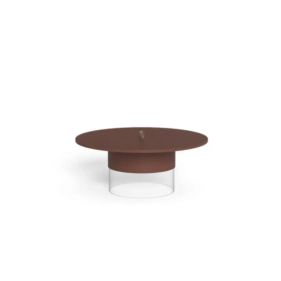 Premium Talenti Kukà coffee table with matte deep reddish‑brown top, clear methacrylate base, resin collar, curves, finish