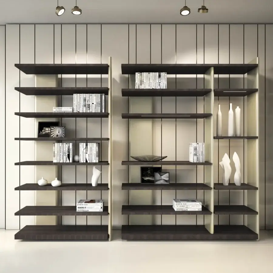 Luxury Laurameroni bookcase with matte dark wood shelves and gold lacquer uprights, minimalist contemporary lines, proportions