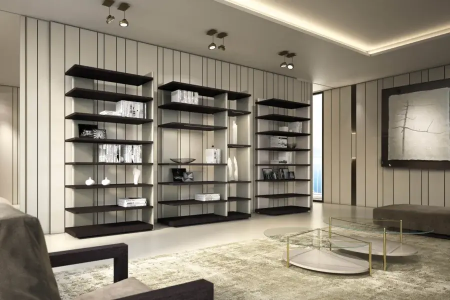 Premium Laurameroni bookcase with angular dark wood shelves, cream‑off‑white panels, and gold lacquer‑finished uprights