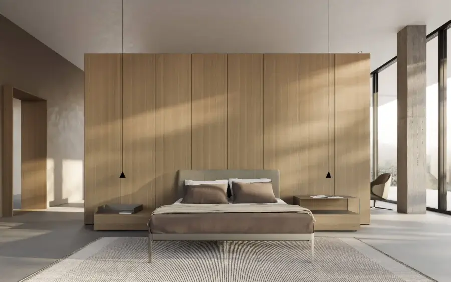 Pristine Kristalia AluAlu bed with light-grey smooth-finished metal frame and matte taupe textile-upholstered headboard