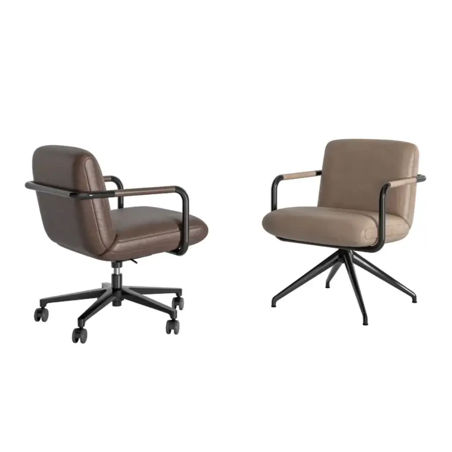 Prestige CPRN Homood Barry Armchair with taupe leather upholstery, sleek black metal frame, tubular armrest, star‑shaped four‑legged fixed base, premium leather finish, understated black accents.