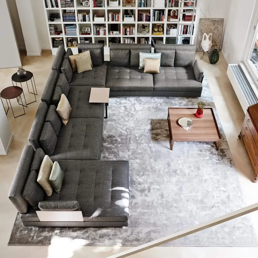 Exceptional Swan Italia Hemingway sectional with dark gray heavy cotton textile upholstery and chrome-plated metal details