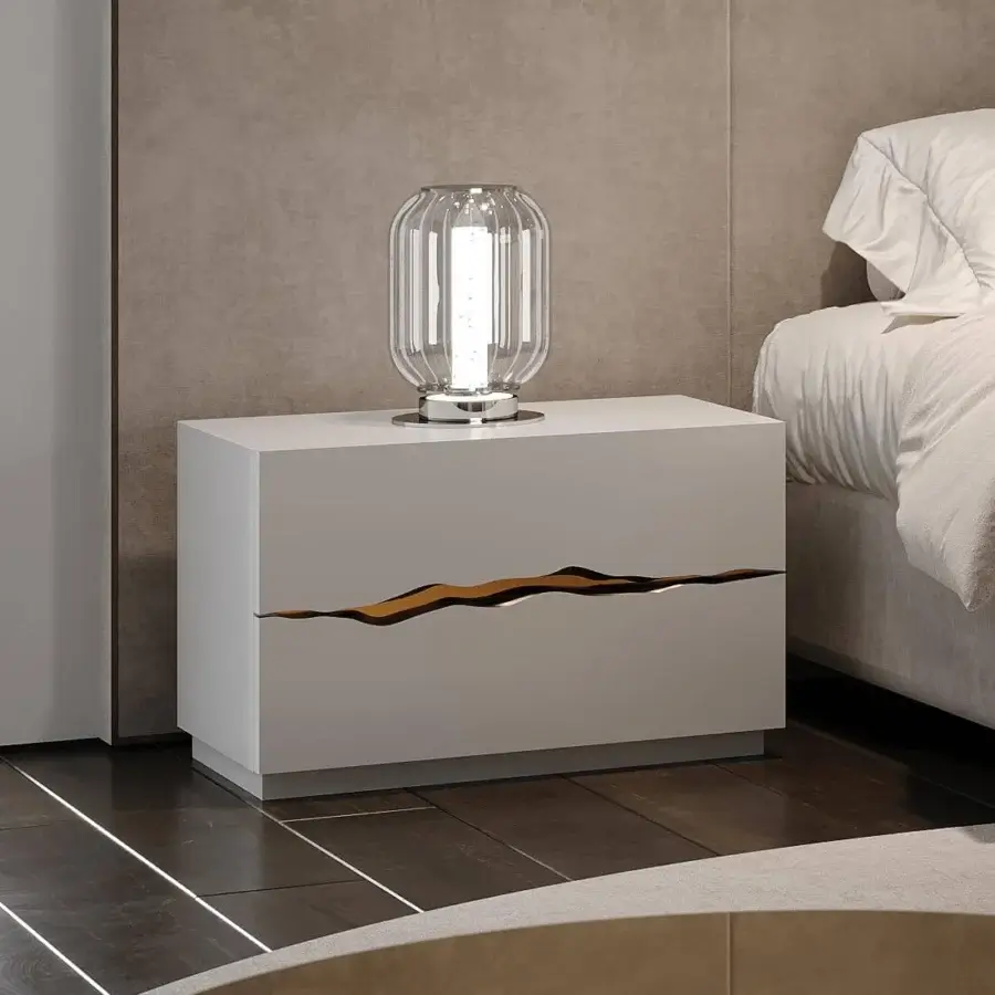 Distinguished Reflex Impact nightstand crafted from wood with high-gloss lacquered white finish and organic brown and gold details