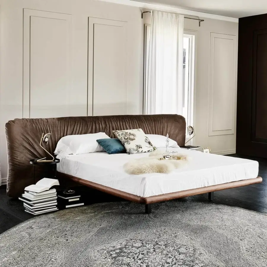 Distinguished Cattelan Italia Marlon bed with textured brown fabric upholstery and Canaletto walnut frame finished in dark stained wood grain