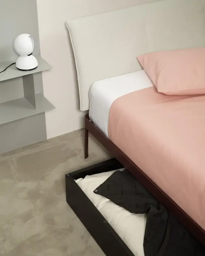 Luxury Kristalia AluAlu Bed with burgundy powder-coated aluminum frame, beige headboard, black pull‑out drawer, finish