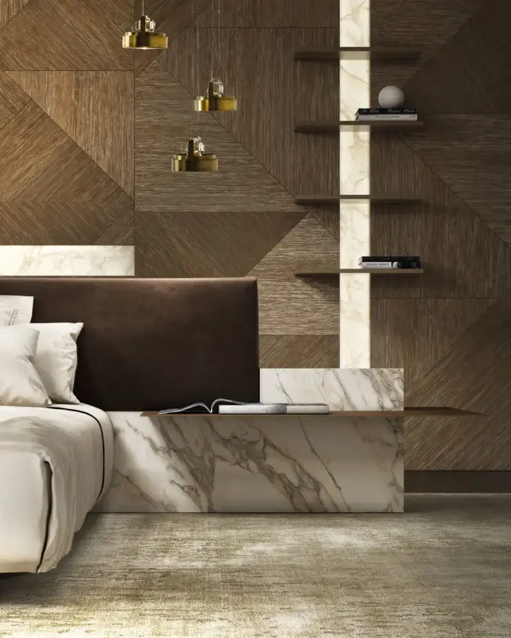Luxury Laurameroni Symphony Bed ceramic structure aniline‑dyed wood base padded deep‑brown velvet headboard off‑white bedding