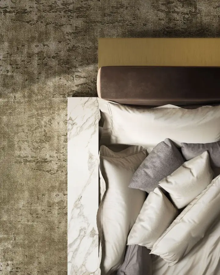 Sumptuous Laurameroni Symphony bed in deep-brown velvet with black aniline-dyed wood and white marble side surface