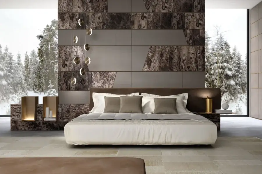 Prestige Laurameroni Symphony bed with silhouette, dark‑brown velvet headboard, black aniline‑dyed wood base, design