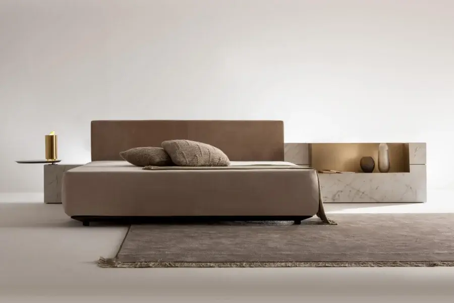 Luxury Laurameroni Symphony Bed with taupe velvet upholstery, black aniline-dyed wood base, soft matte finish