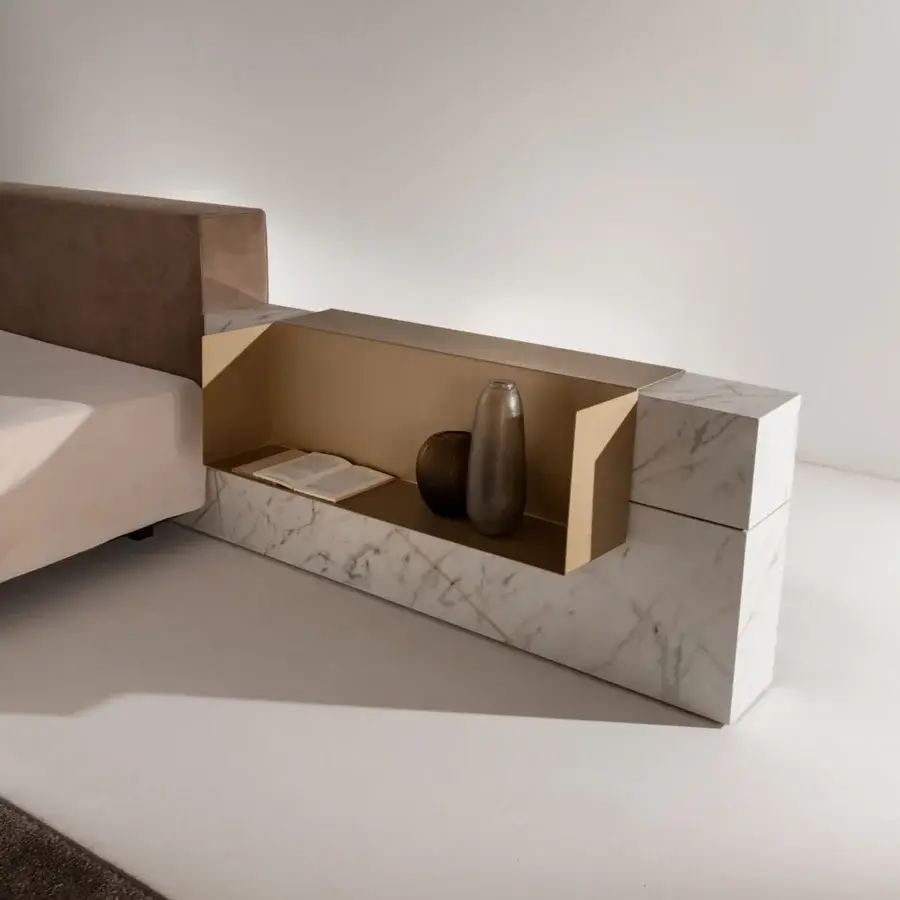 Elegant Laurameroni Symphony Bed with ceramic‑clad structure, black aniline‑dyed wood base, and soft taupe velvet headboard