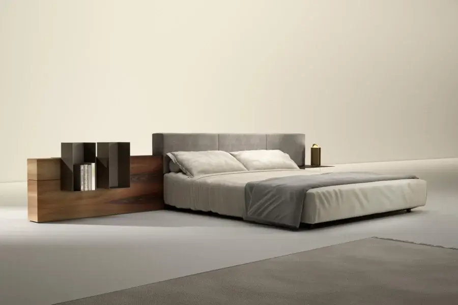 Luxury Laurameroni Symphony Bed with black aniline‑dyed wood base and medium‑grey velvet headboard minimalist
