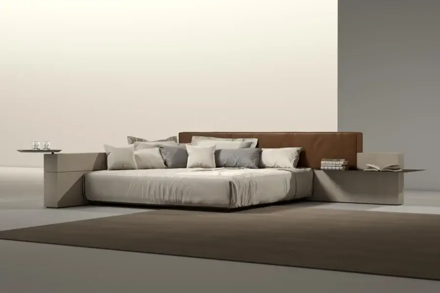 Premium Laurameroni Symphony Bed silhouette leather headboard, black aniline‑dyed wood base, matte light beige‑grey shelves