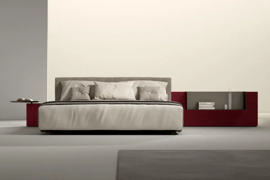 Refined Laurameroni Symphony bed in light beige textile with rounded edges and black aniline-dyed wood base