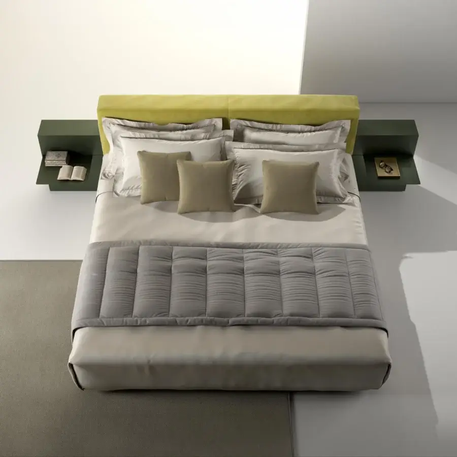 Premium Laurameroni Symphony bed with black aniline‑dyed wood base lime‑green chartreuse velvet headboard, light‑grey frame