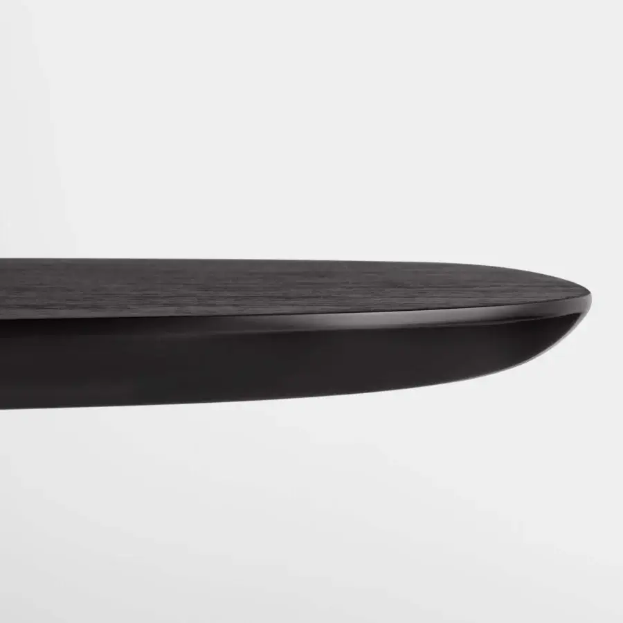 Elegant Kristalia Holo Oval Table with dark wood tabletop, sculptural steel base, matte finish, silhouette, brown tones