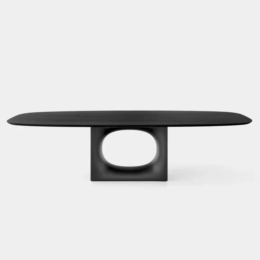 Luxury Kristalia Holo Oval Table with wide low‑profile wood tabletop and sculptural steel base in dark charcoal tone