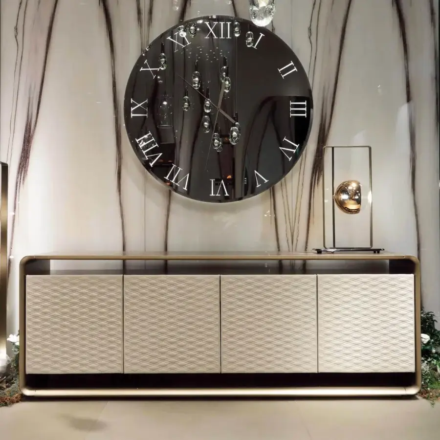 Exceptional Reflex Oh sideboard with rounded wood, satin metallic finish and repeating diamond quilted doors