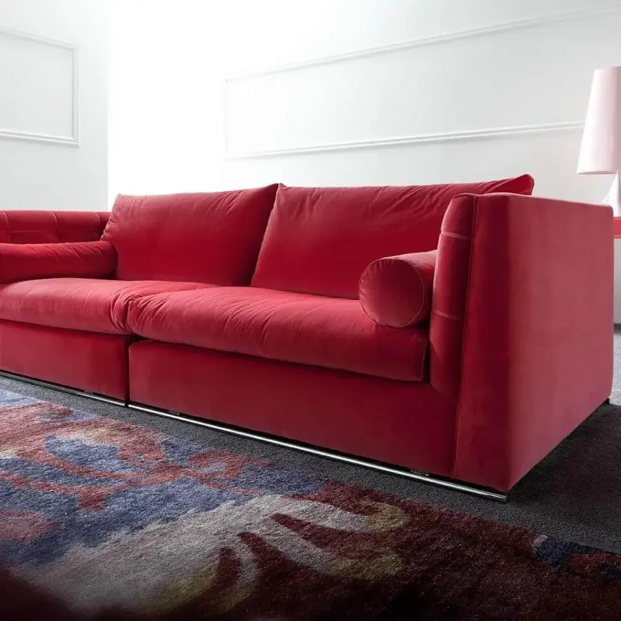 Elegant Erba Get Back sofa with red 100% cotton fabric upholstery and bright chrome steel feet