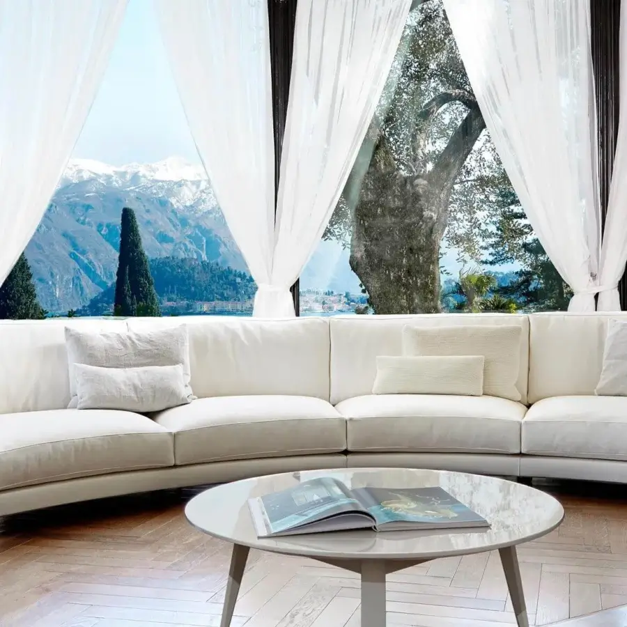 Superior Swan Italia Host sectional with bright white velveteen upholstery and powder-coated metal feet