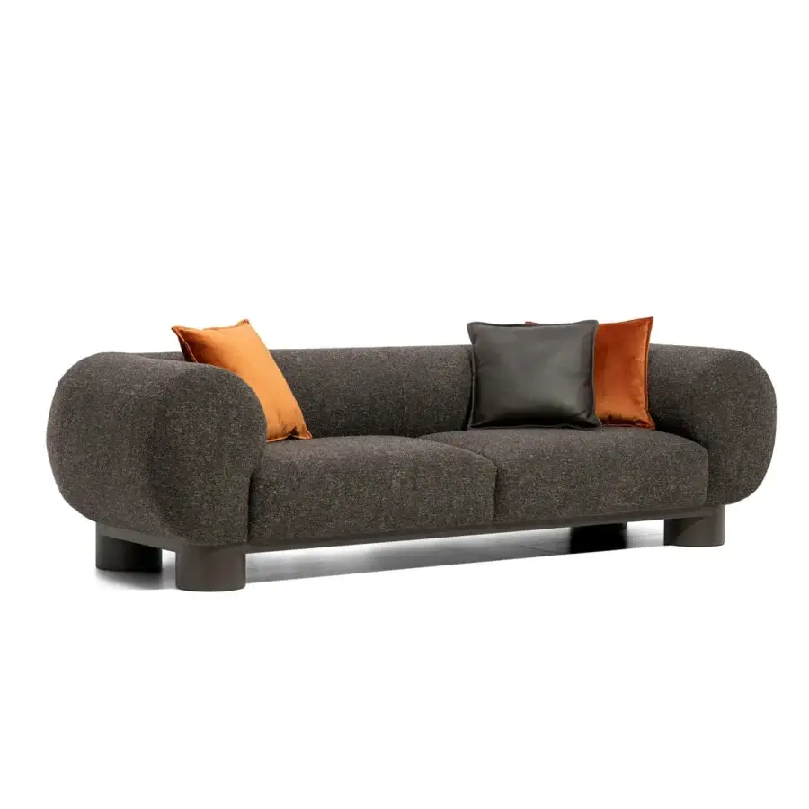 Luxury Egoitaliano Aster sofa with charcoal grey textured fabric, dark brown metal base and epoxy powder finish