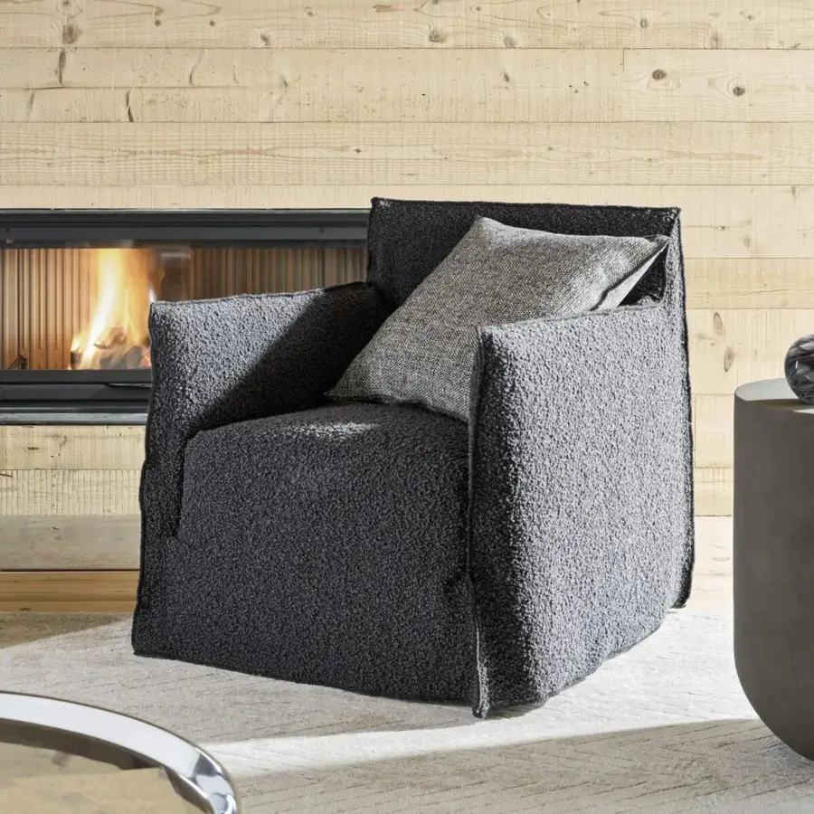 Exclusive Gervasoni Ghost Lounge Chair seat charcoal textile cover matte texture polyurethane foam Dacron down gray pillow