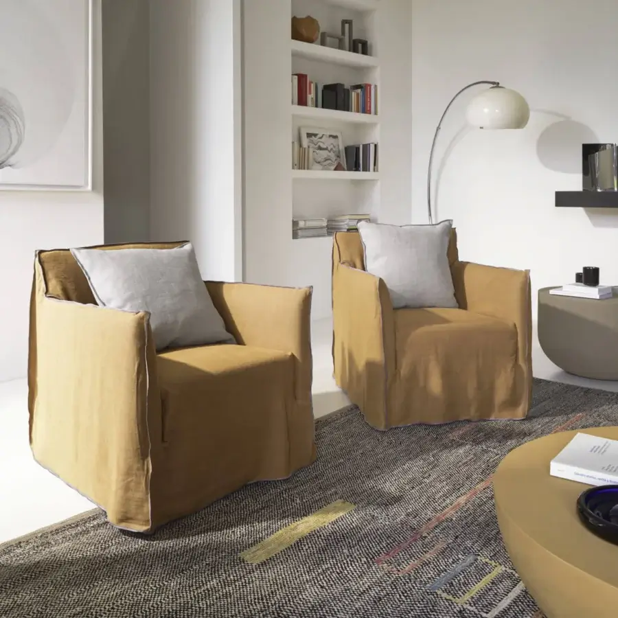 Premium Gervasoni Ghost lounge chair upholstered in matte mustard‑yellow textile with a light‑grey cushion