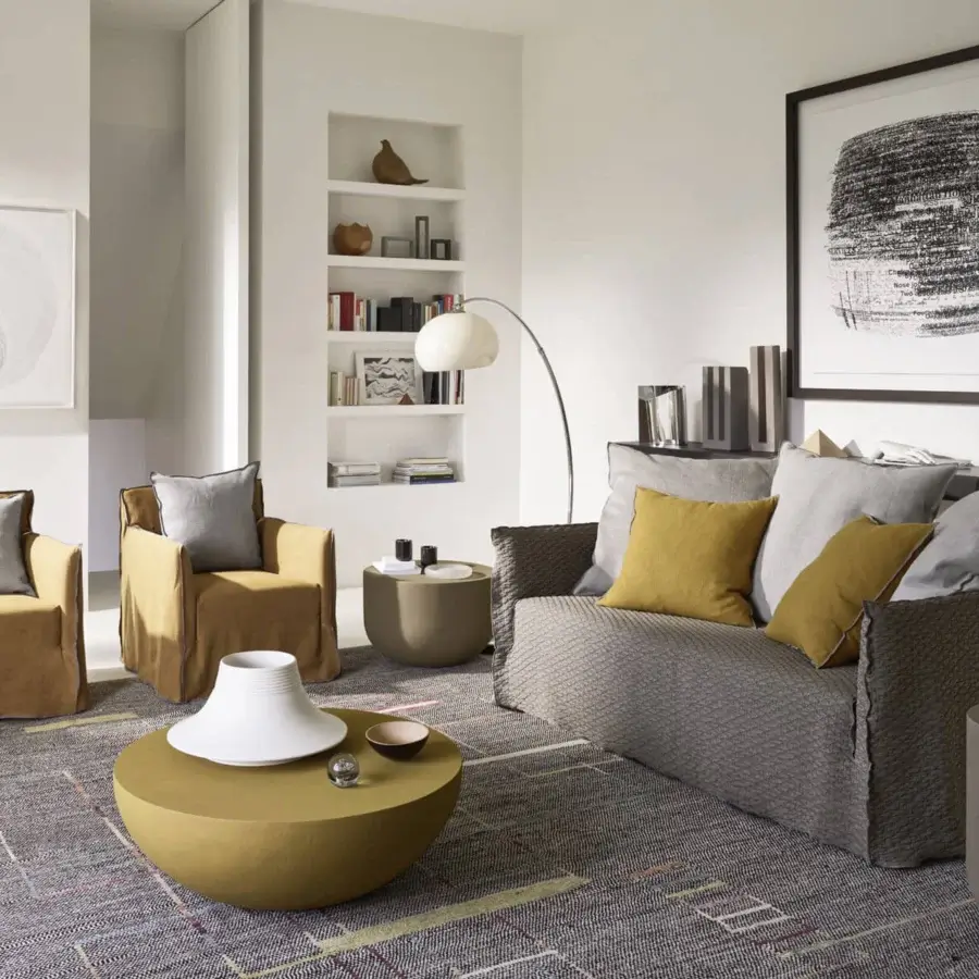 Sophisticated Gervasoni Ghost lounge chair in ochre mustard yellow matte textile with light grey Dacron down cushions