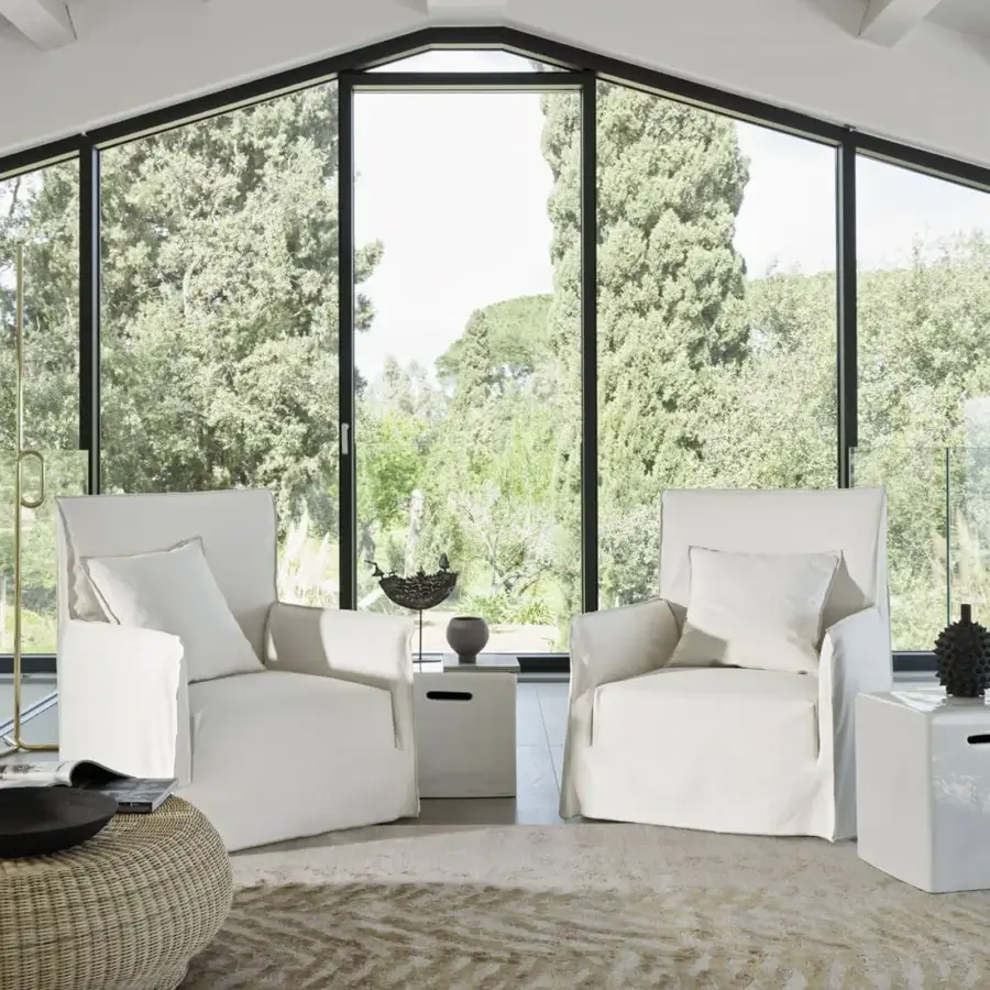 Exquisite Gervasoni Ghost lounge chair in off-white matte textile with voluminous boxy silhouette and visible stitching