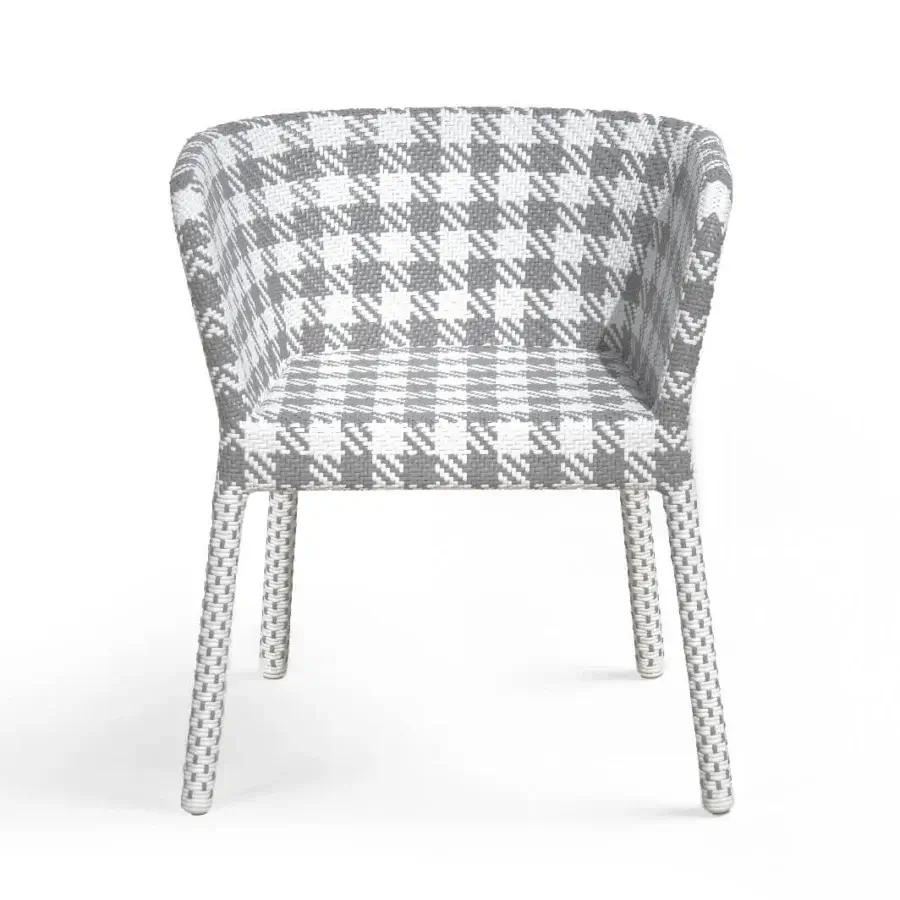 Architectural Braid Tartan armchair in grey and white woven fiber with high contrast graphic weave atop curved enveloping shell