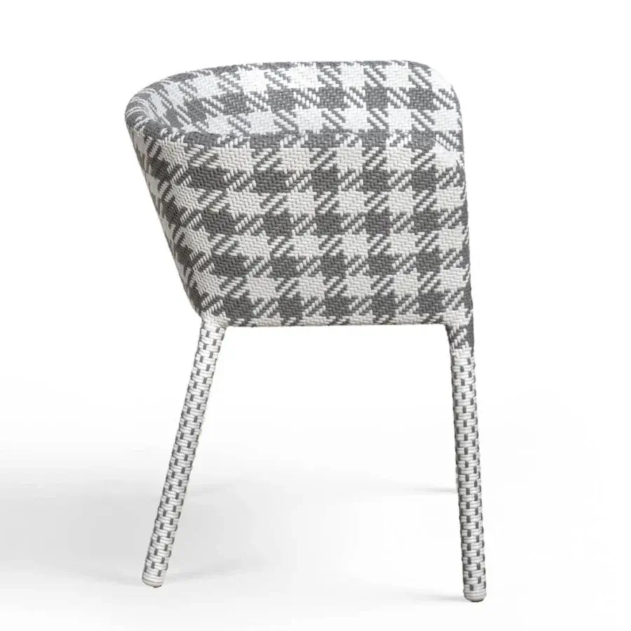 Refined Braid Tartan armchair with grey‑white woven fiber seat and back, tapered braided legs, Italian, minimalist silhouette