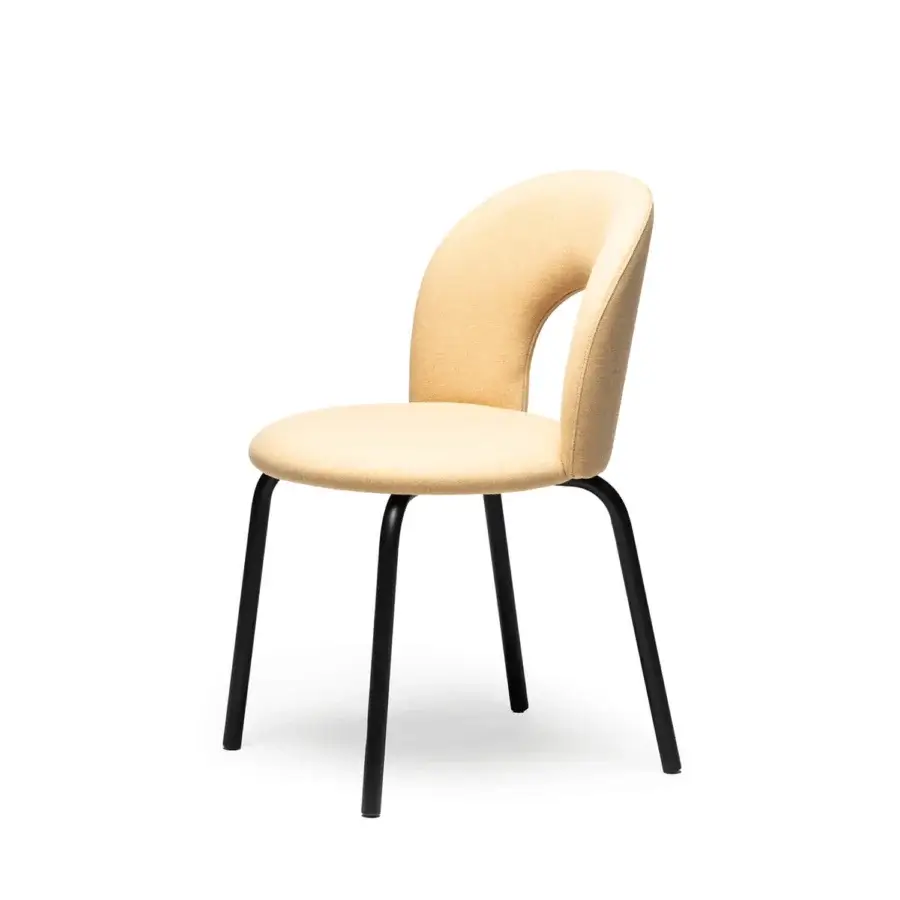 Elegant Chairs & More Paulin chair with crescent‑shaped backrest, pale yellow textured seat, black powder‑coated metal base