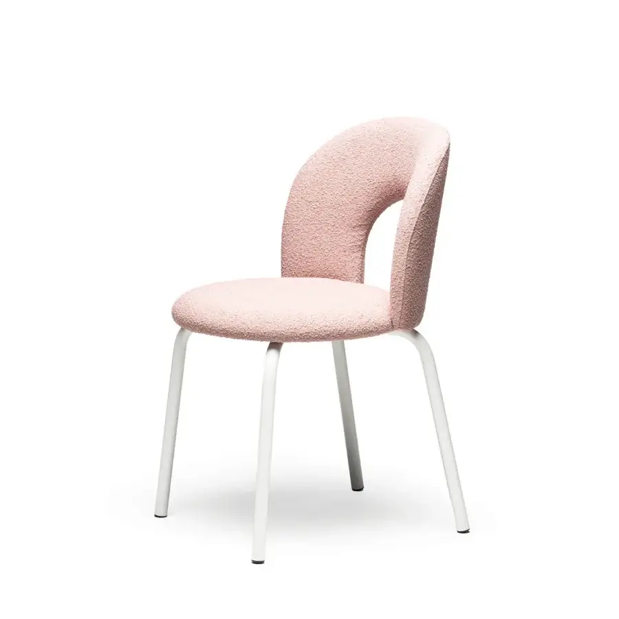 Refined Paulin chair with pink upholstered seat, white powder‑coated metal base, open‑loop backrest, silhouette, black caps