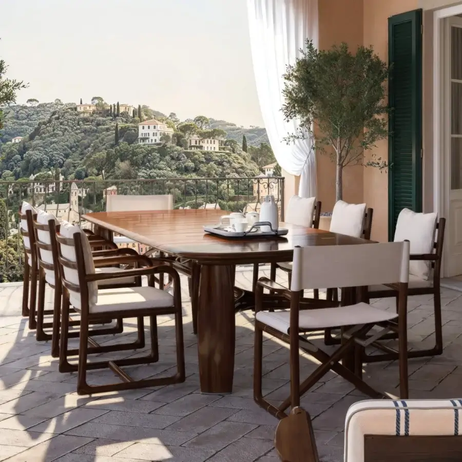 Prestige CPRN Homood Matheus Table with medium-to-dark brown wood, clean linear tabletop, inlaid detailing, legs, stretcher