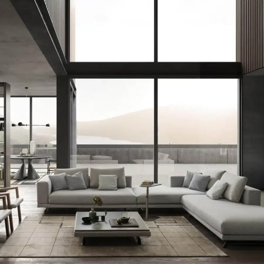 Distinguished Presotto San Marino sectional with light grey woven fabric upholstery and peltro varnished metal feet